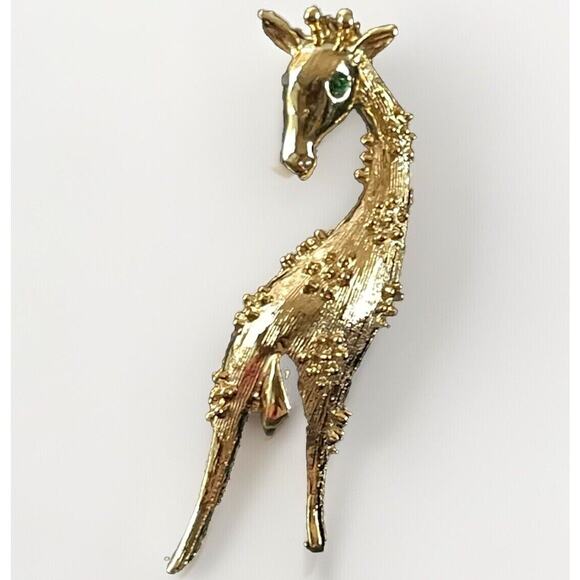 Vintage Giraffe Scatter Pin Brooch Mother Baby Gold Tone Green Rhinestone Eye - Picture 9 of 9